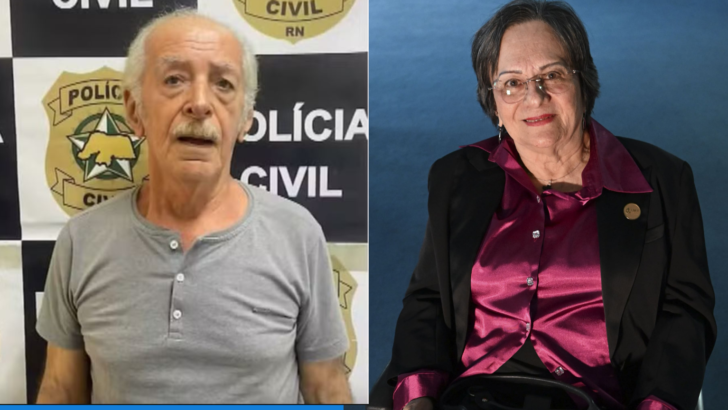 Montagem com Marco Antônio Heredia Viveros diante de painel da Polícia Civil do RN e Maria da Penha em retrato