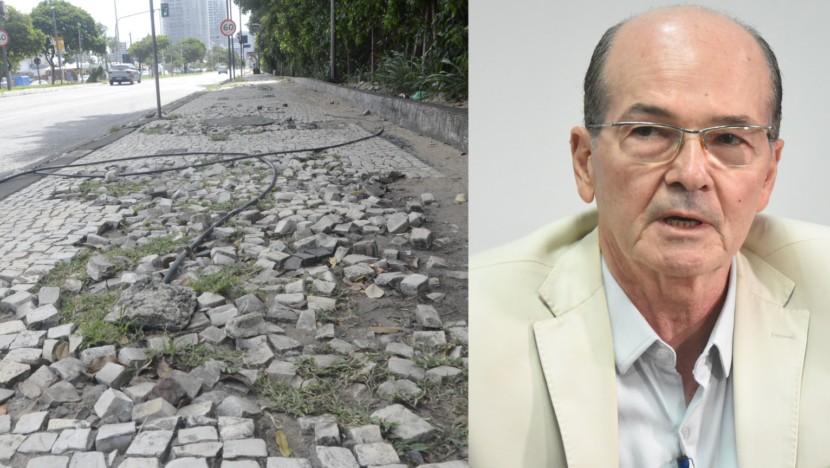 Montagem mostra trecho de calçadão com pedras portuguesas soltas e desníveis ao lado de uma avenida e, à direita, homem de óculos durante entrevista
