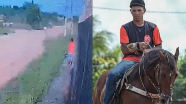 Imagem mostra um recorte do vídeo onde Kauã aparece antes de desaparecer e uma foto dele em um cavalo