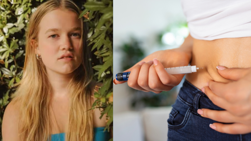 Montagem mostra uma jovem ao lado da imagem de uma pessoa segurando uma seringa próxima ao abdômen