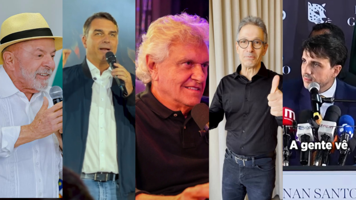 Montagem reúne os cinco candidatos à Presidência citados na matéria: Lula, Flávio Bolsonaro, Ronaldo Caiado, Romeu Zema e Renan Santos