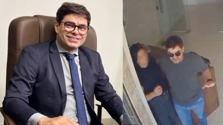 Montagem com retrato de um homem de terno e, ao lado, imagem de videomonitoramento mostrando um homem e uma mulher em ambiente interno