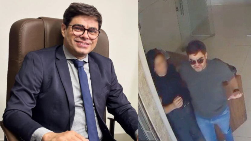 Montagem com retrato de um homem de terno e, ao lado, imagem de videomonitoramento mostrando um homem e uma mulher em ambiente interno
