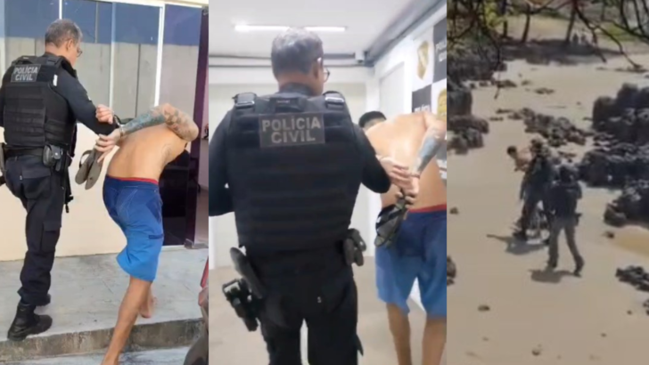 Montagem mostra policial civil conduzindo um homem de bermuda e uma imagem da abordagem realizada em uma área de praia