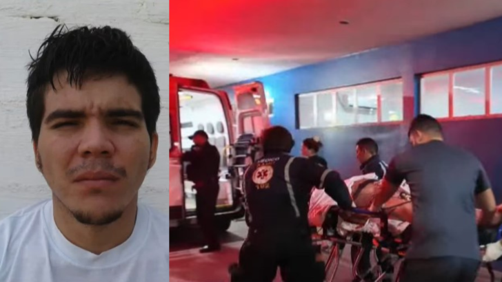 Montagem mostra um homem em retrato e profissionais conduzindo uma pessoa em uma maca até uma ambulância