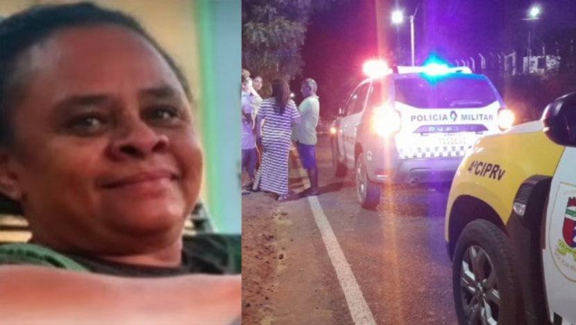 Montagem mostra uma mulher e veículos policiais durante atendimento de ocorrência em uma via à noite