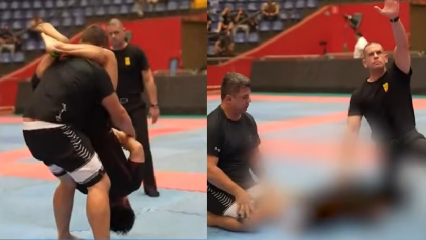 Montagem mostra dois atletas durante luta de jiu-jitsu e árbitro interrompendo o combate após um dos competidores cair no tatame