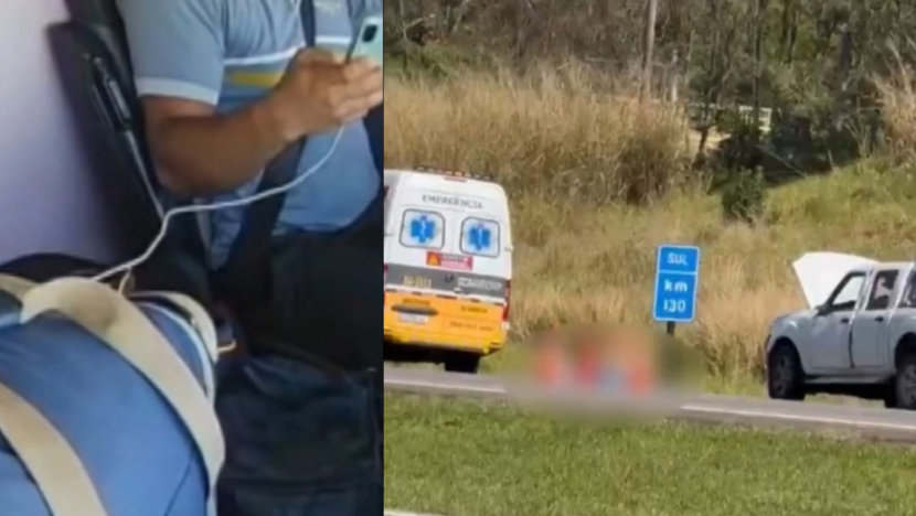 Montagem mostra motorista com celular dentro de veículo e atendimento de emergência em trecho de rodovia
