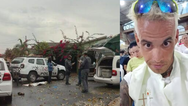 Montagem mostra equipes policiais no local da ocorrência e fotografia de um homem