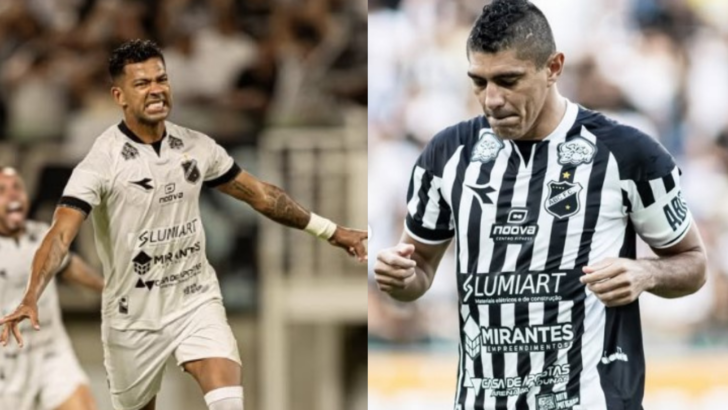 Montagem mostra dois jogadores do ABC em campo, um com uniforme branco e outro com camisa listrada em preto e branco
