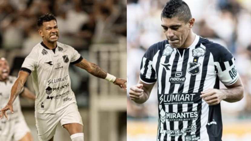 Montagem mostra dois jogadores do ABC em campo, um com uniforme branco e outro com camisa listrada em preto e branco