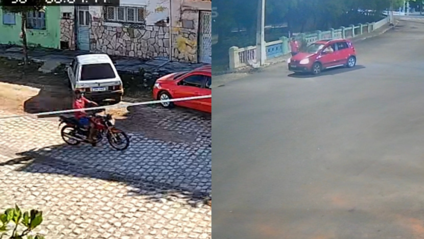 Montagem com imagens de câmeras de segurança mostra uma motocicleta com duas pessoas em vias urbanas