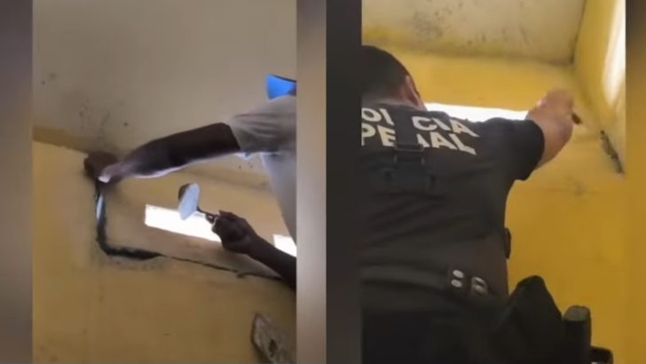 Policiais penais localizaram um buraco em uma cela do Pavilhão 4 de Alcaçuz durante revista e impediram uma nova tentativa de fuga um mês após a evasão de 11 presos. - Foto: Reprodução Youtube TV Ponta Negra