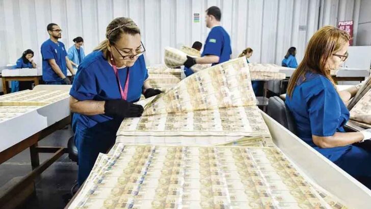 Trabalhadores em processo de produção de cédulas
