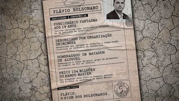 Reprodução de peça de propaganda eleitoral com texto simulando um currículo de Flávio Bolsonaro