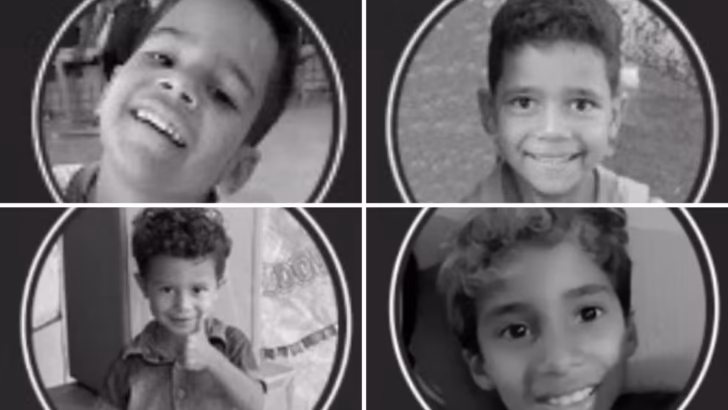 Montagem em preto e branco reúne fotografias das quatro crianças vítimas do afogamento em Paramirim