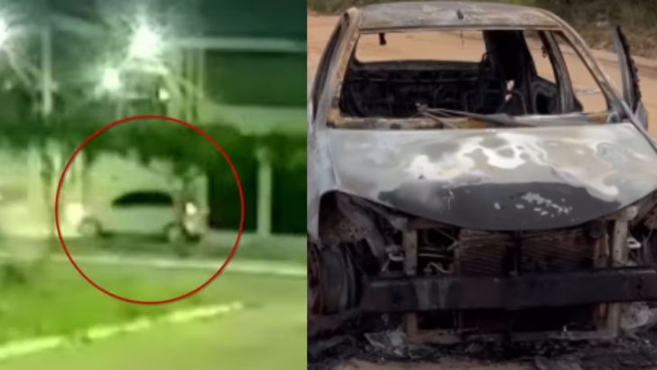 Montagem com imagem do vídeo do sequestro e foto do carro queimado
