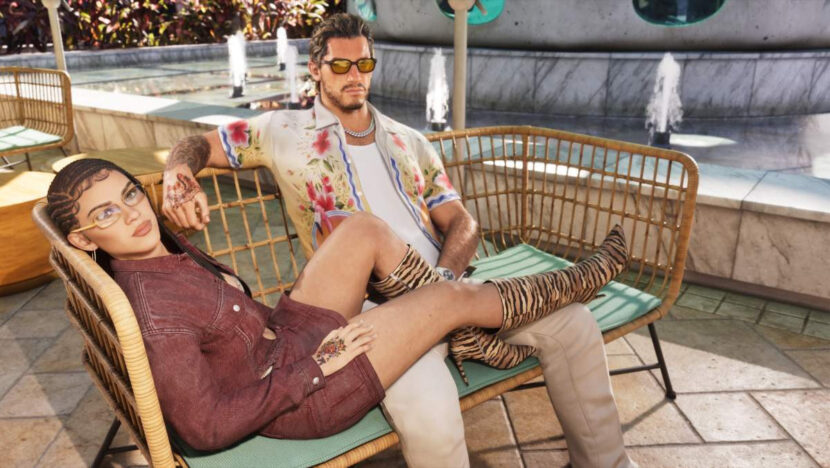 Cena de GTA 6 com os protagonistas Lucia e Jason sentados em um banco diante de uma fonte, em cenário urbano inspirado em Vice City