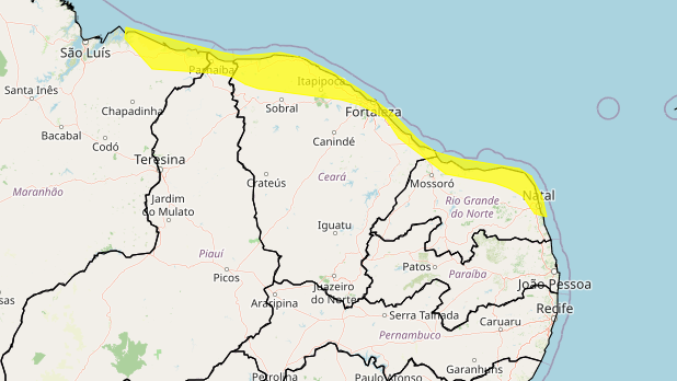 Mapa Inmet | alerta de vendaval para Natal e mais 32 cidades do RN - Foto: reprodução Inmet