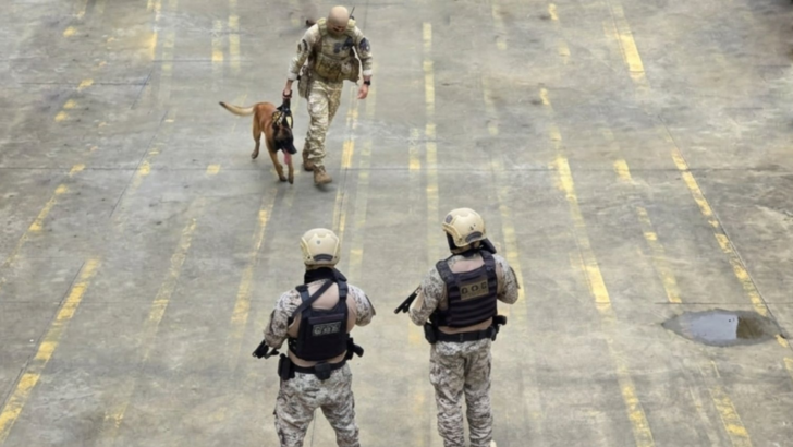 Imagem mostra policiais penais em treinamento com cão - Fotos: arquivo / Assecom