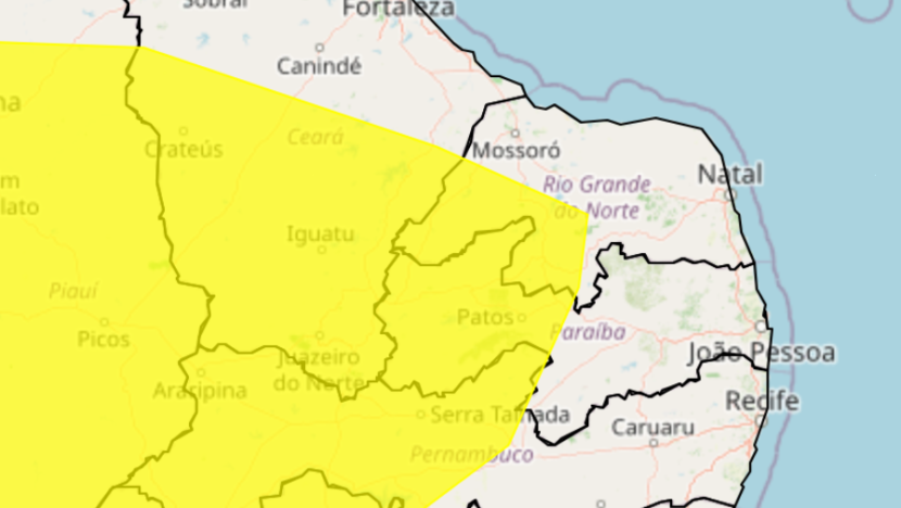 MAPA Instituto Nacional de Meteorologia (INMET) emitiu um alerta de baixa umidade, classificado como de perigo potencial (cor amarela), para 68 municípios do Rio Grande do Norte.