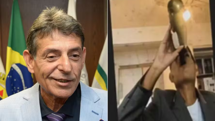Montagem mostra o juiz Milton Lívio Lemos Salles e o momento em que ele bebe diretamente de uma garrafa durante sessão remota