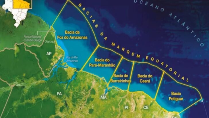 Mapa das áreas de exploração de petróleo na Margem Equatorial brasileira