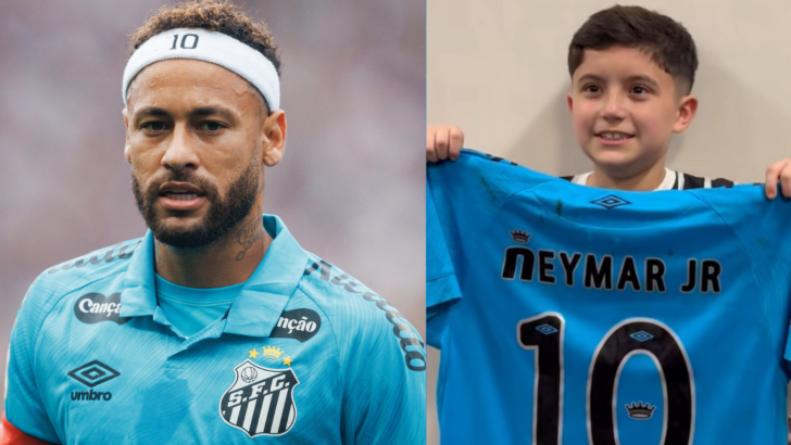 Neymar com menino corintiano após a partida entre Corinthians e Santos