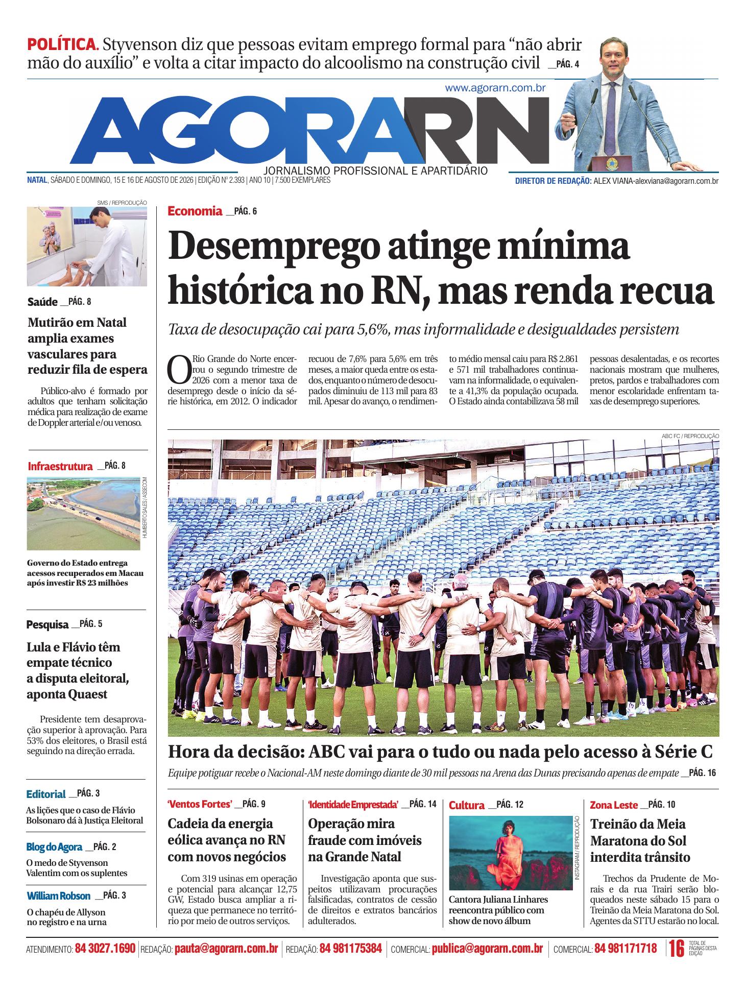 Capa da edição 2.393 do Agora RN, de 15 e 16 de agosto de 2026