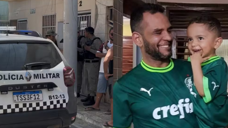 Viatura da Polícia Militar ao lado de homem com criança
