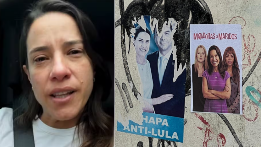 Montagem mostra Raquel Lyra e cartazes anônimos com acusações contra a governadora