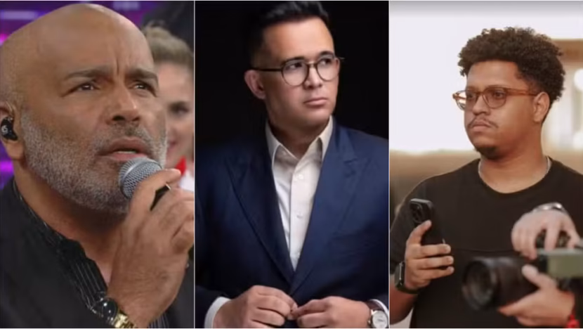 Montagem reúne imagens de três homens, incluindo um músico tocando violão no palco
