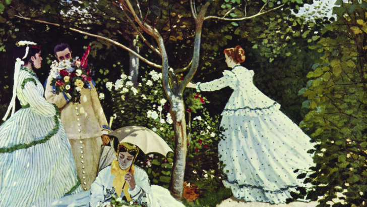 Pintura de Claude Monet com mulheres de vestidos claros em um jardim