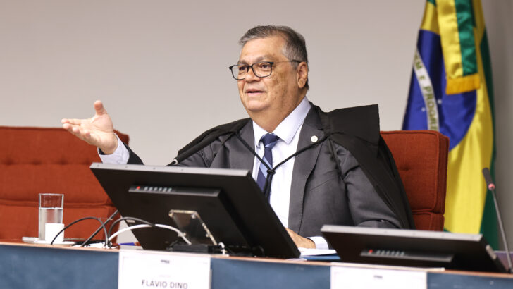 Ministro do Supremo Tribunal Federal durante sessão, sentado à bancada e com a bandeira do Brasil ao fundo