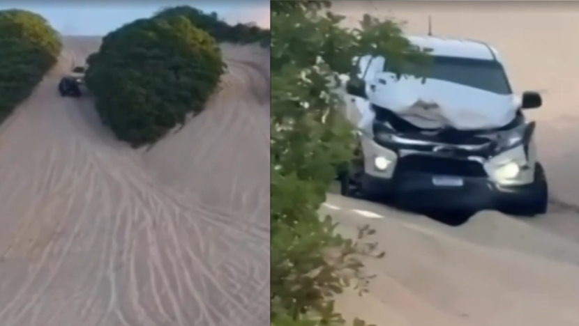 Montagem mostra veículos em uma trilha entre dunas e vegetação e, ao lado, um veículo branco com o capô e a parte dianteira danificados.