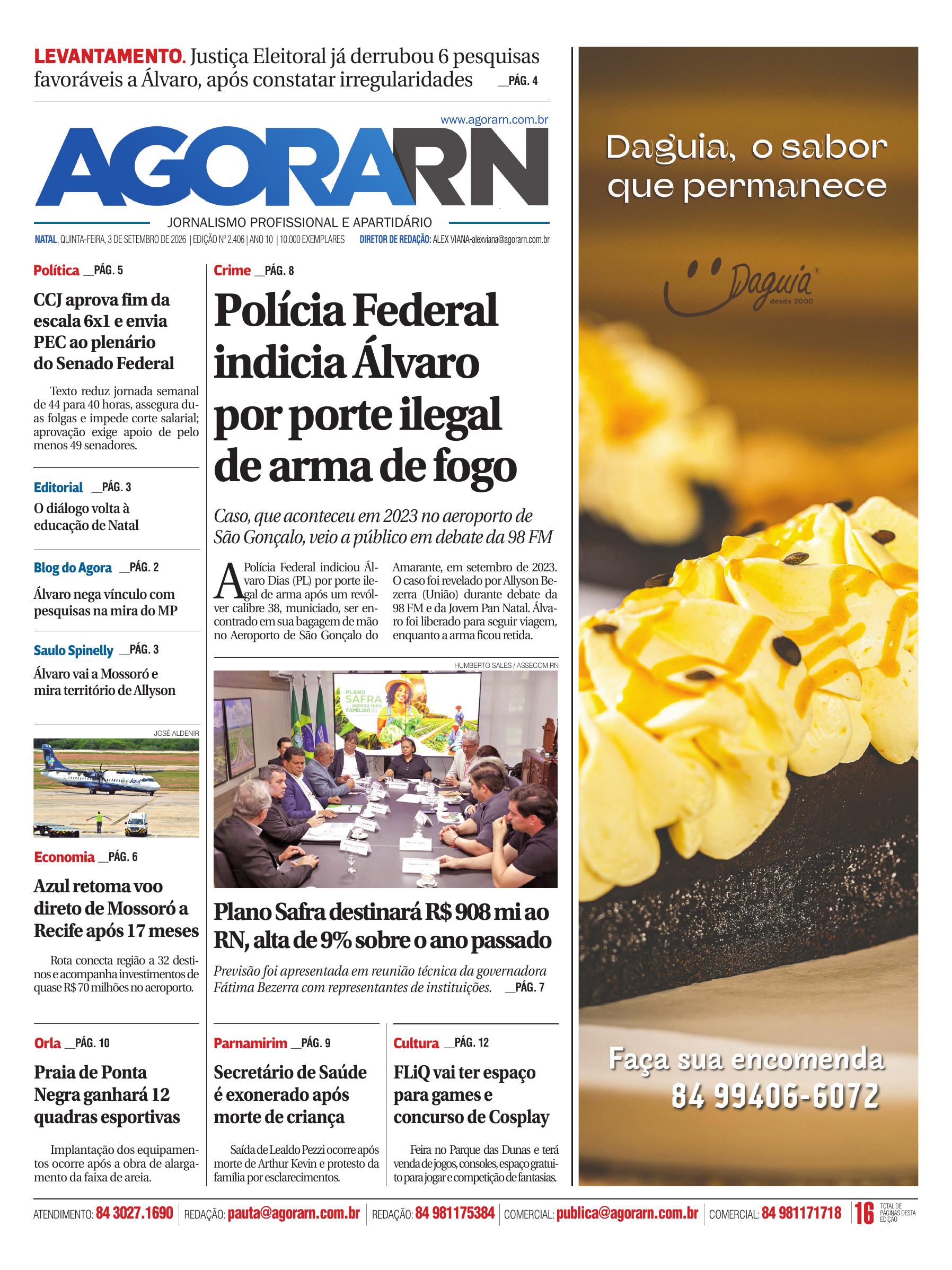 Capa da edição 2.406 do jornal Agora RN, de 3 de setembro de 2026