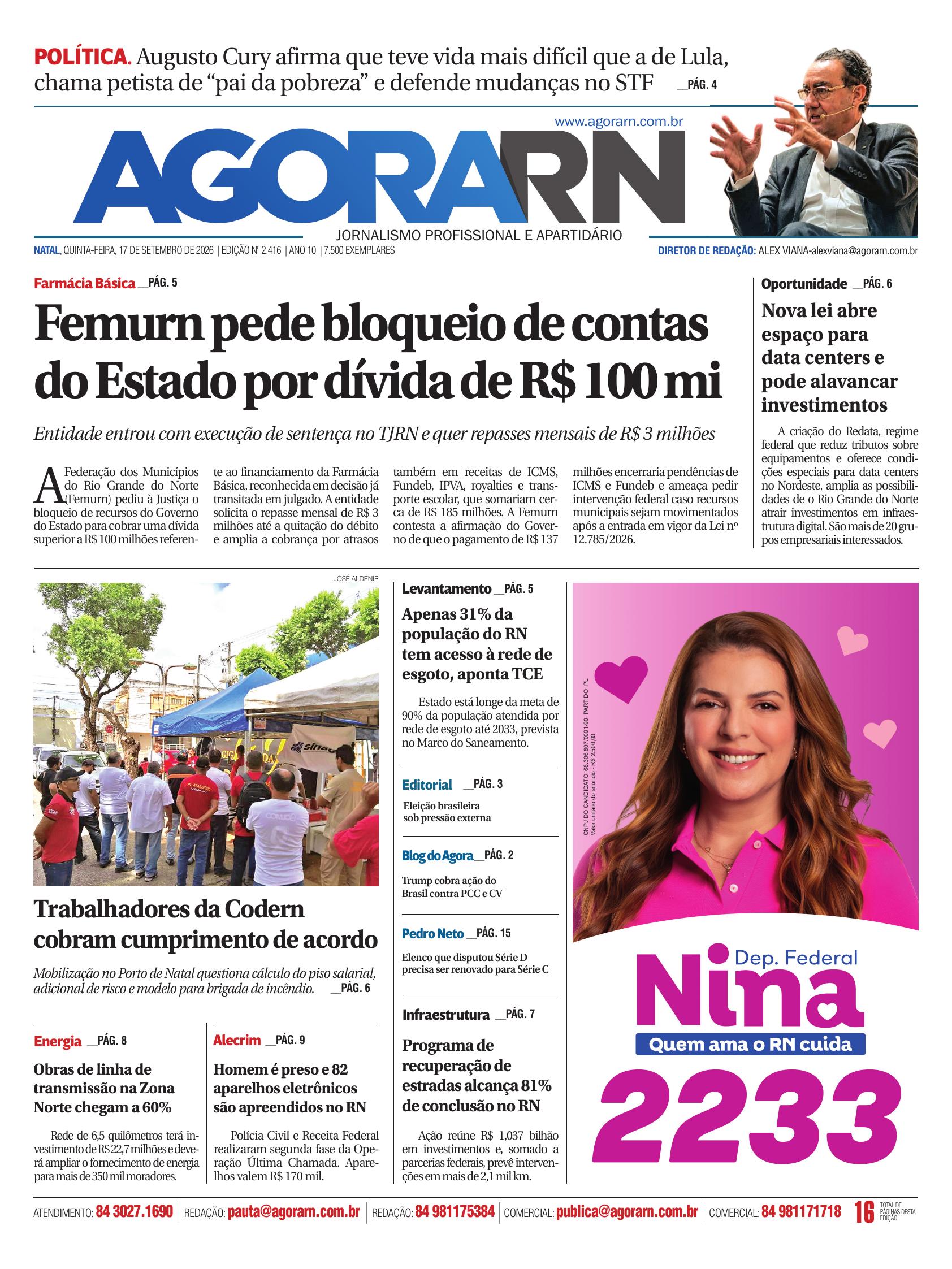 Capa da edição impressa 2.416 do jornal Agora RN, de quinta-feira 17