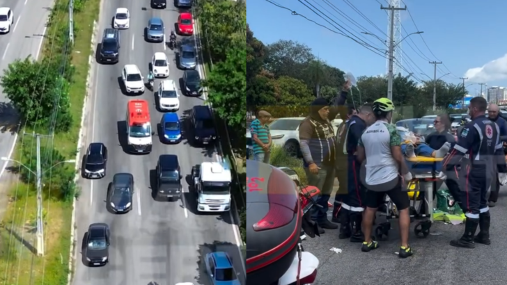 Montagem mostra trânsito com ambulância na BR-101 e socorristas do Samu ao redor de uma vítima em uma maca após acidente em Natal.