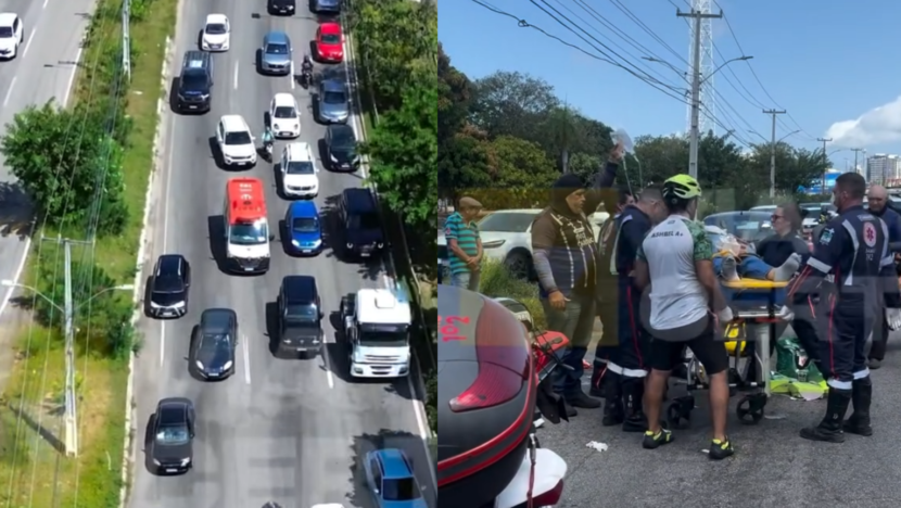 Montagem mostra trânsito com ambulância na BR-101 e socorristas do Samu ao redor de uma vítima em uma maca após acidente em Natal.
