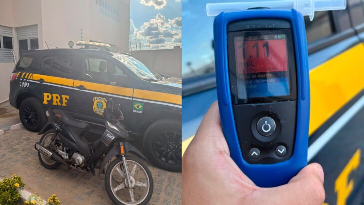 Motociclista foi preso pela PRF durante fiscalização na BR-427, em Jardim do Seridó, após teste do bafômetro e identificação de adulteração na motocicleta.
