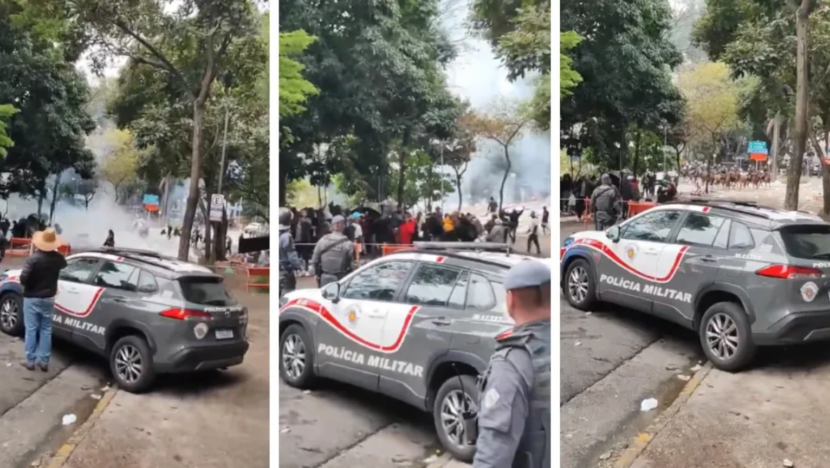 Montagem de imagens mostra viaturas da Polícia Militar, pessoas e fumaça em uma rua arborizada nos arredores da Avenida Paulista.