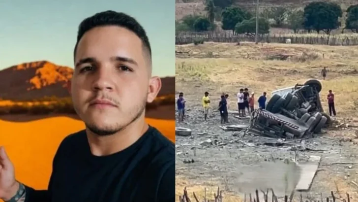 Montagem mostra um homem em retrato e um caminhão tombado fora da pista, com pessoas próximas ao veículo