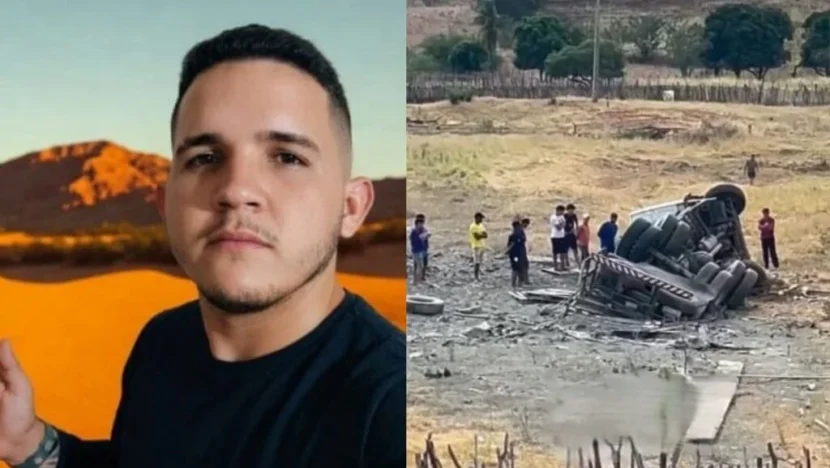 Montagem mostra um homem em retrato e um caminhão tombado fora da pista, com pessoas próximas ao veículo