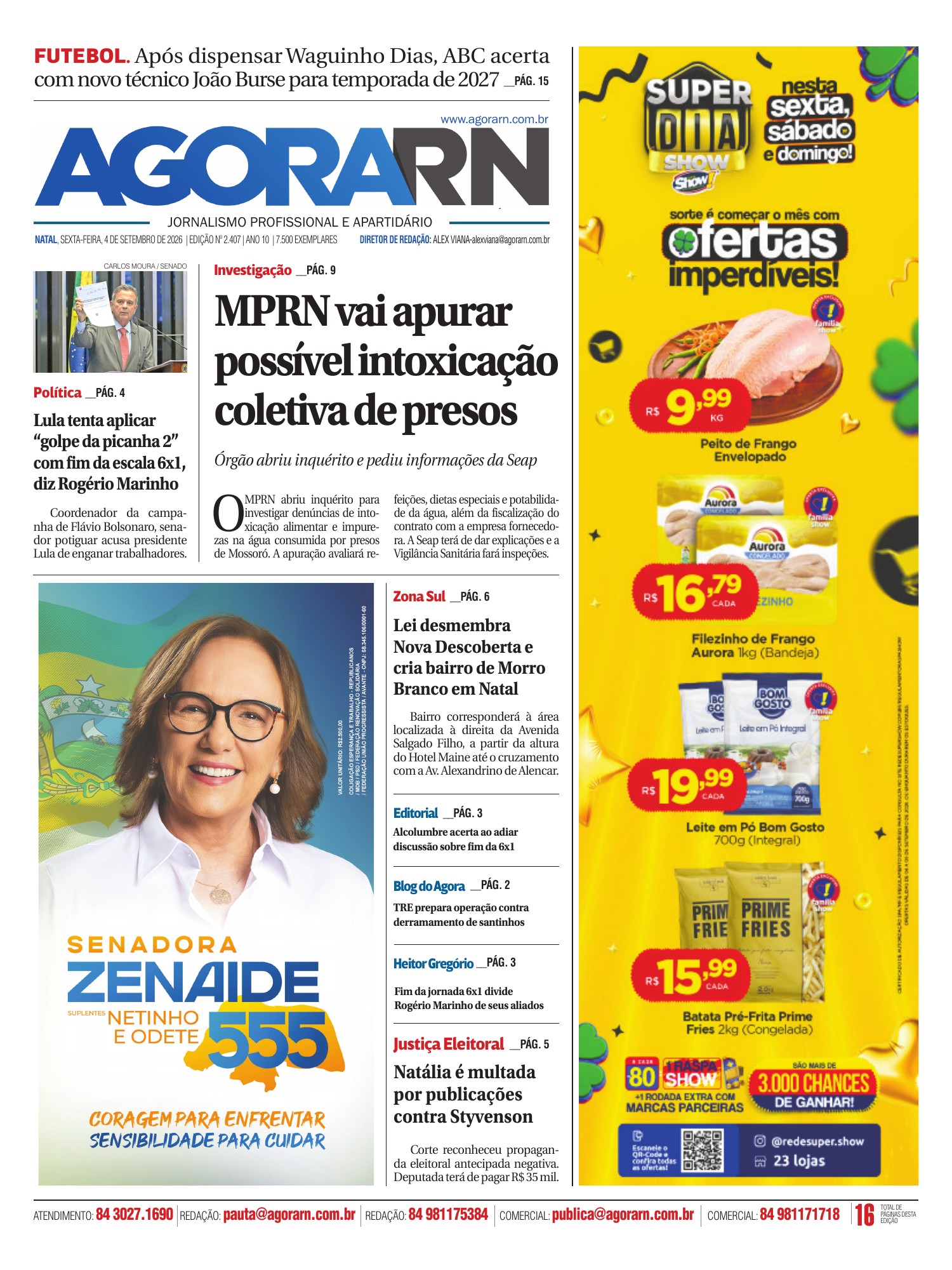 Capa integral da edição 2.407 do jornal Agora RN, de 4 de setembro de 2026