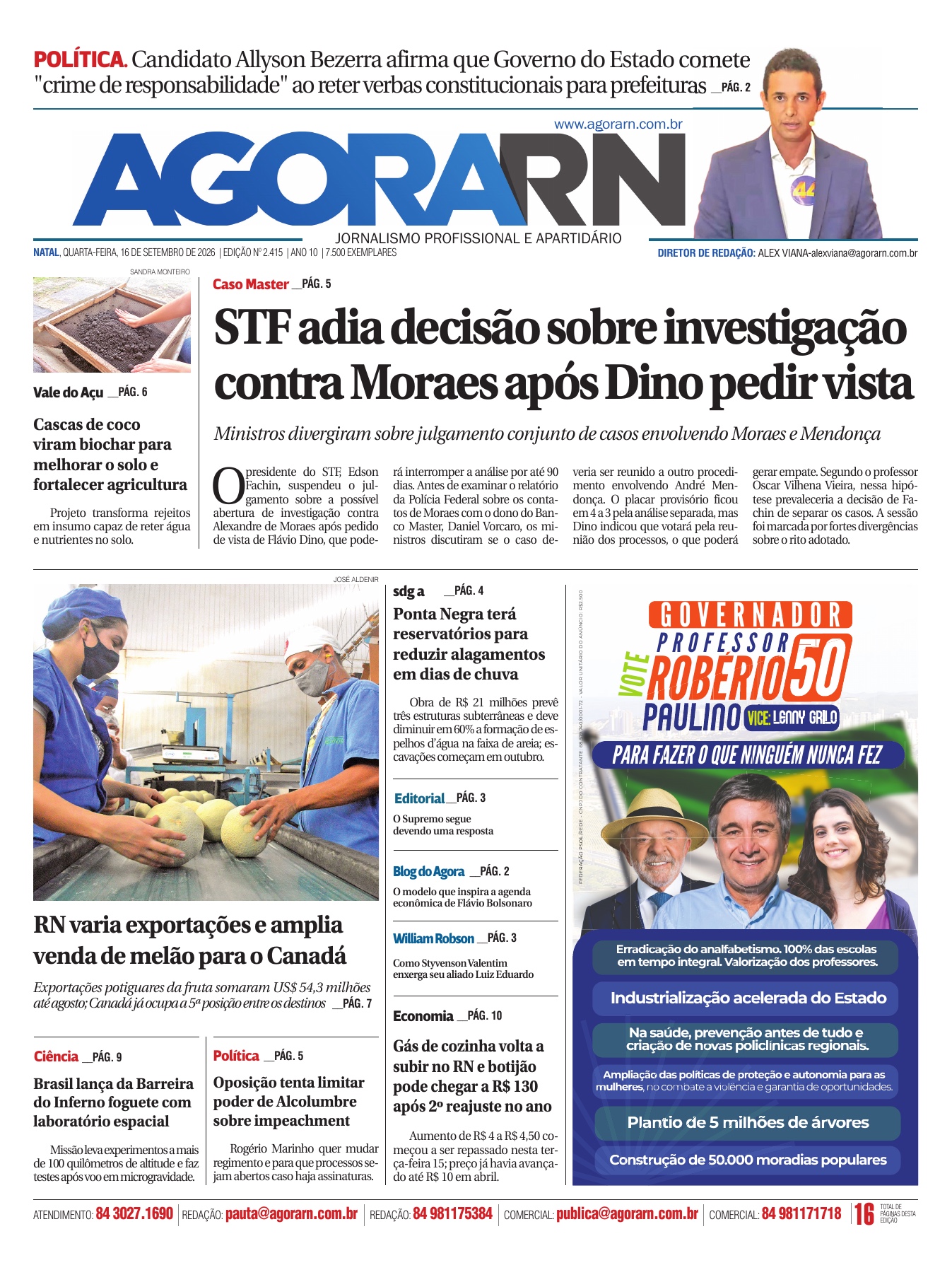 Capa do Agora RN, edição 2.415, de 16 de setembro de 2026