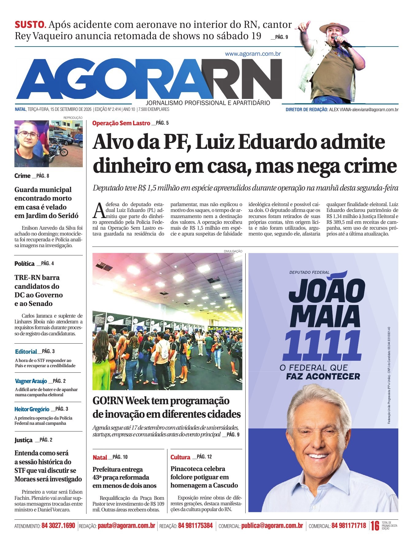 Capa do Agora RN, edição 2.414, de 15 de setembro de 2026