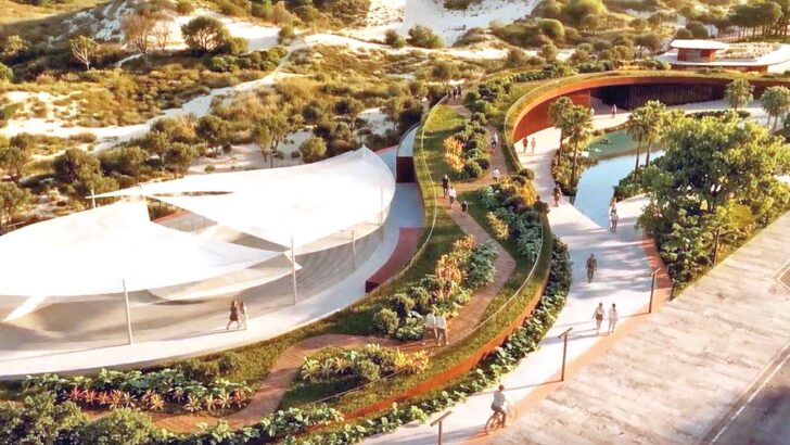 Imagem em perspectiva do projeto do parque, com passarela curva, áreas verdes e edificações circulares