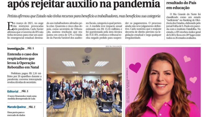 Capa do Agora RN de 26 e 27 de setembro de 2026, com a manchete sobre o reajuste para auditores concedido por Cadu Xavier