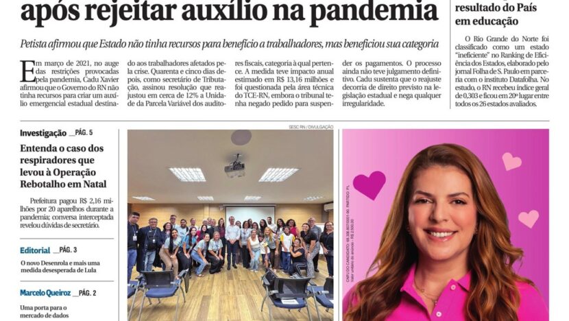 Capa do Agora RN de 26 e 27 de setembro de 2026, com a manchete sobre o reajuste para auditores concedido por Cadu Xavier