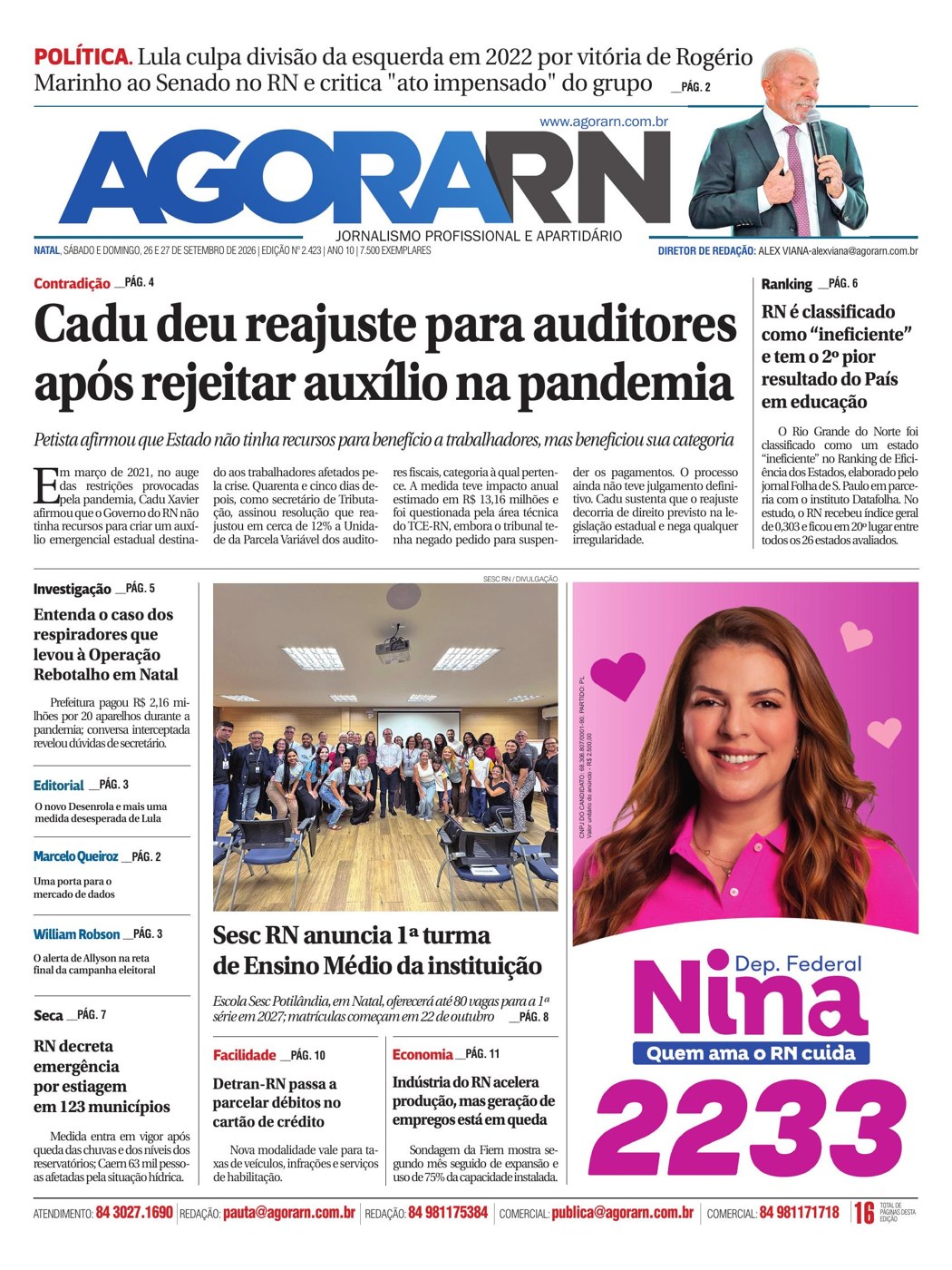 Capa do Agora RN de 26 e 27 de setembro de 2026, com a manchete sobre o reajuste para auditores concedido por Cadu Xavier